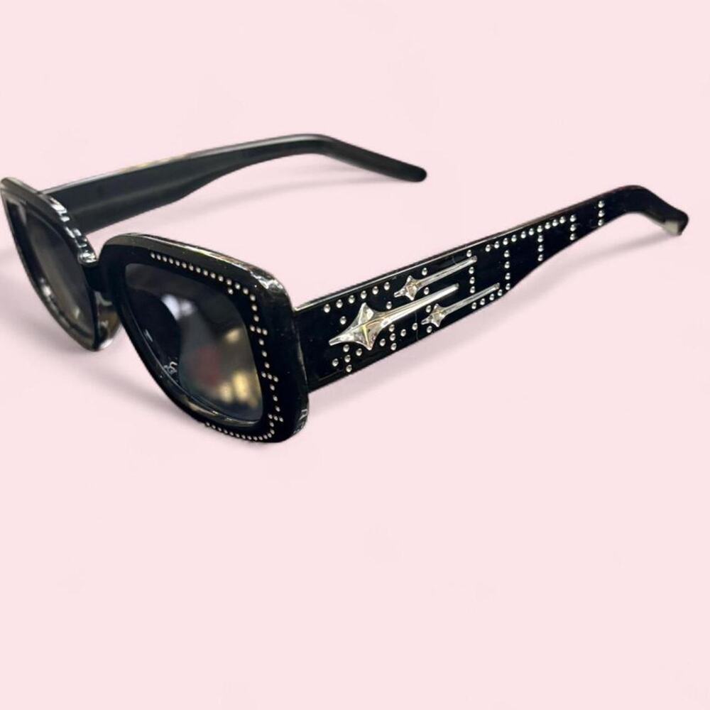 Black rectangular sunglasses rhinestone-studded frames rockstar glam, Y2K diva
